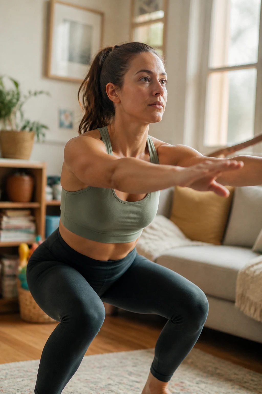 Close-up of a real mom performing a squat-to-reach during a bodyweight interval circuit in a cozy home setting.