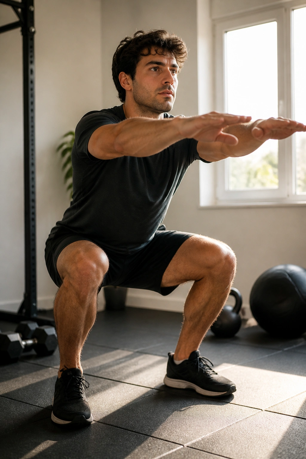 Person performing a squat in a bright home gym during morning hours