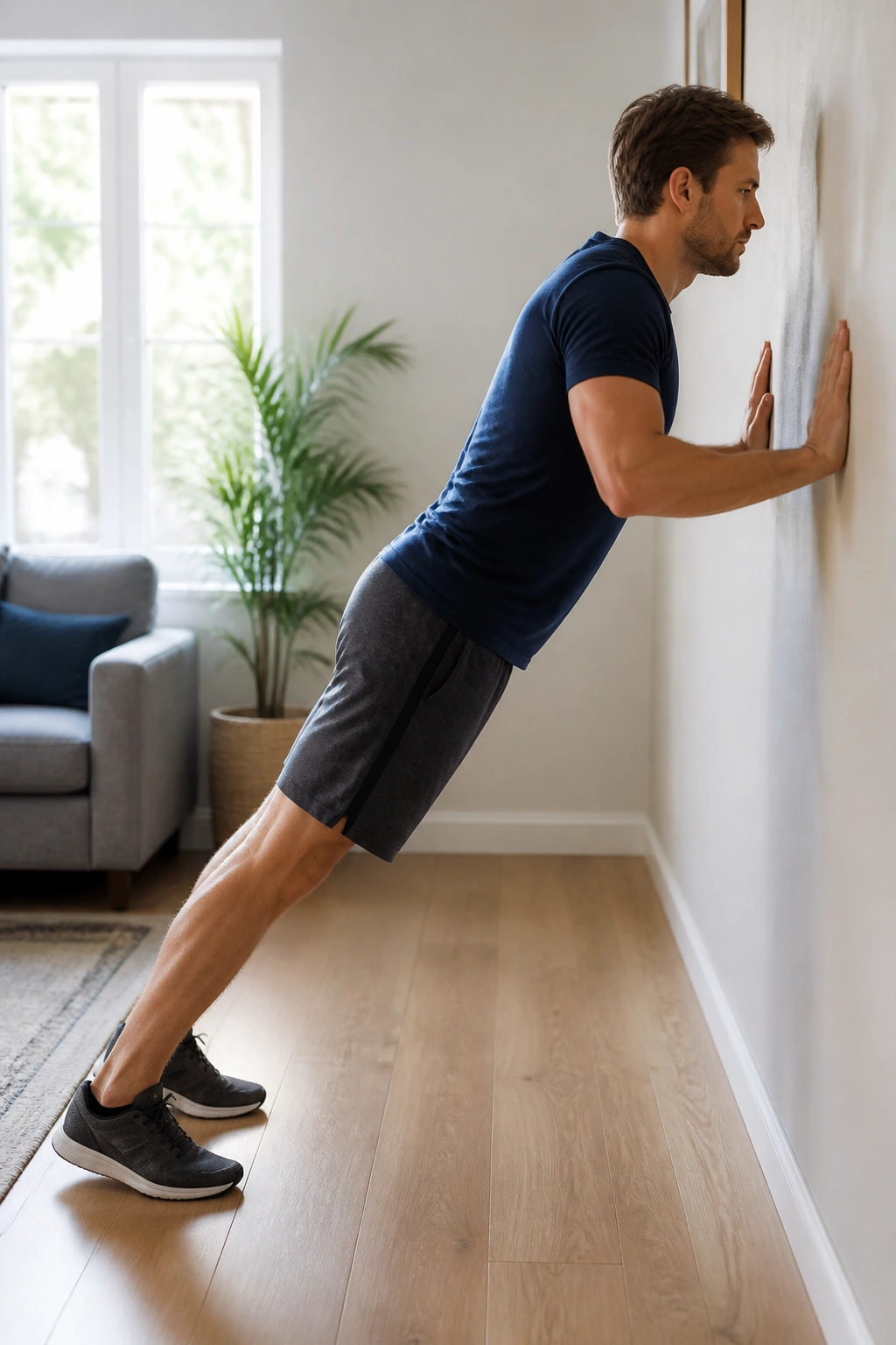 Medium shot of a person performing wall push-ups at home