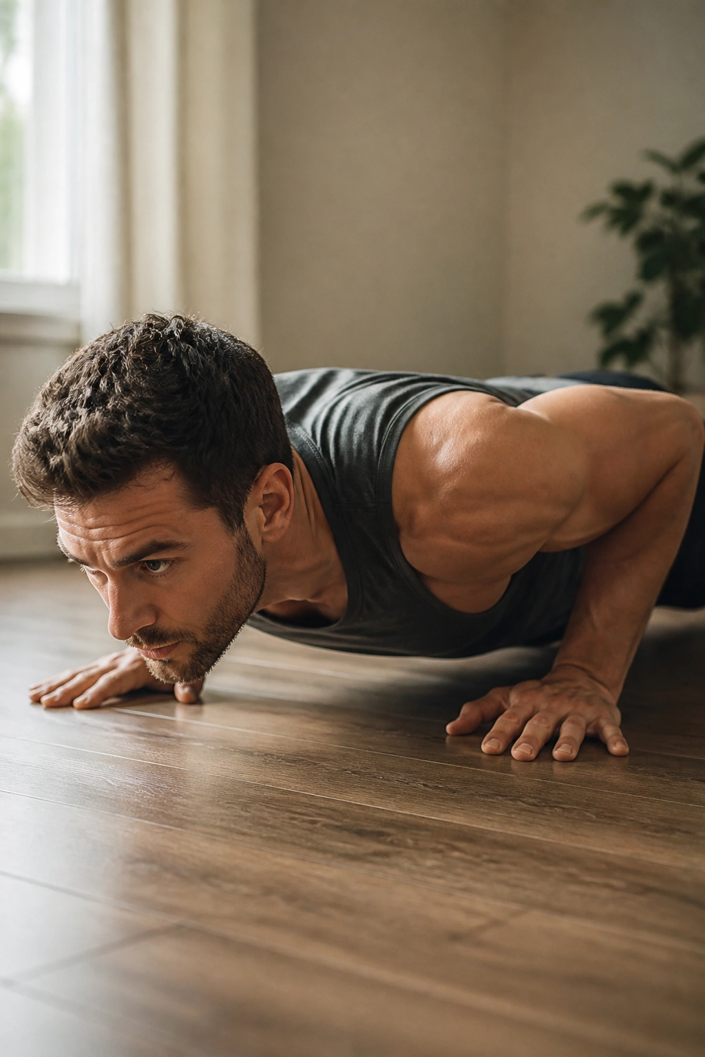 Close-up of a person performing a paused push-up at home