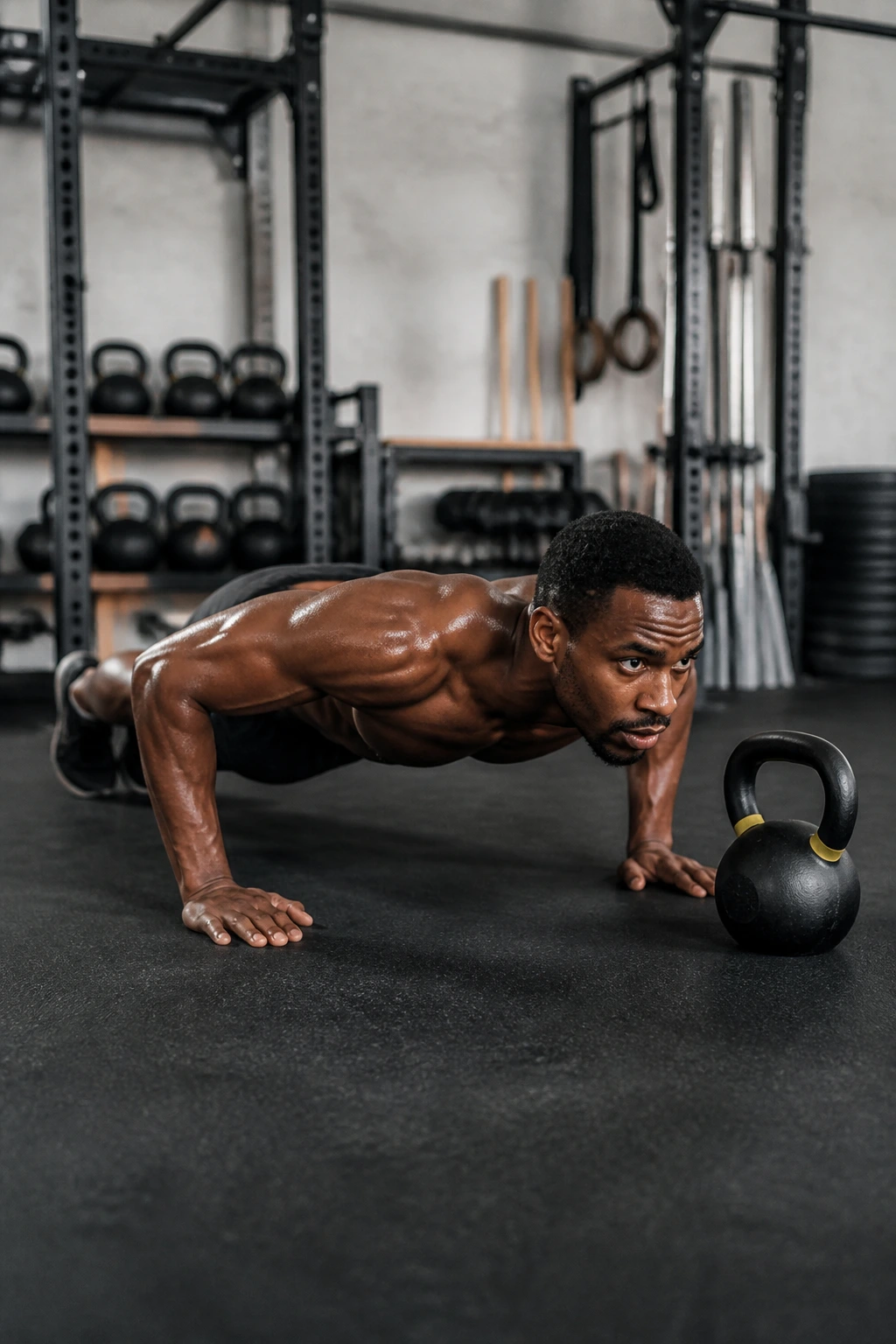Person performing bodyweight circuit with kettlebell nearby in gym.