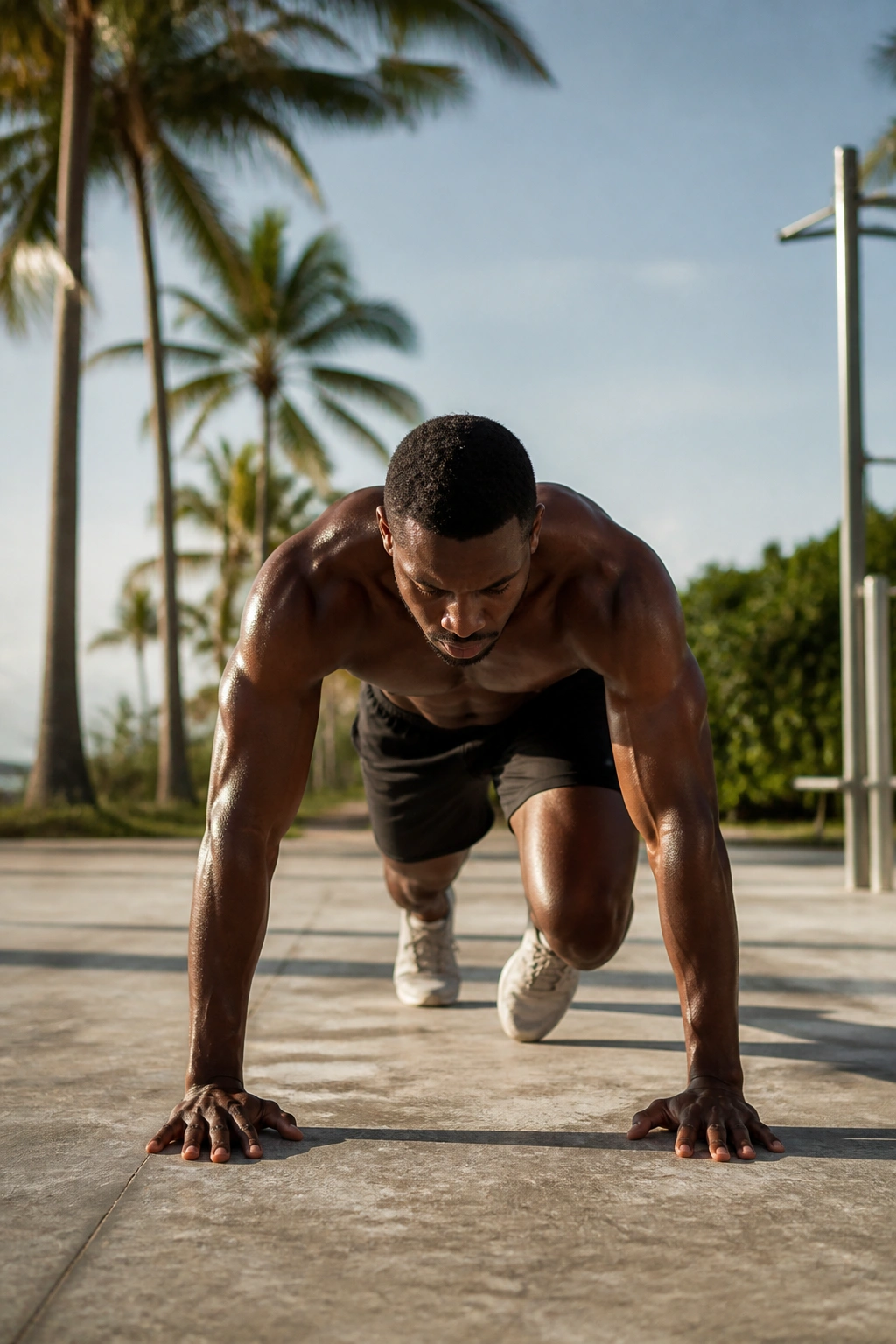 Athlete performing burpee in outdoor setting