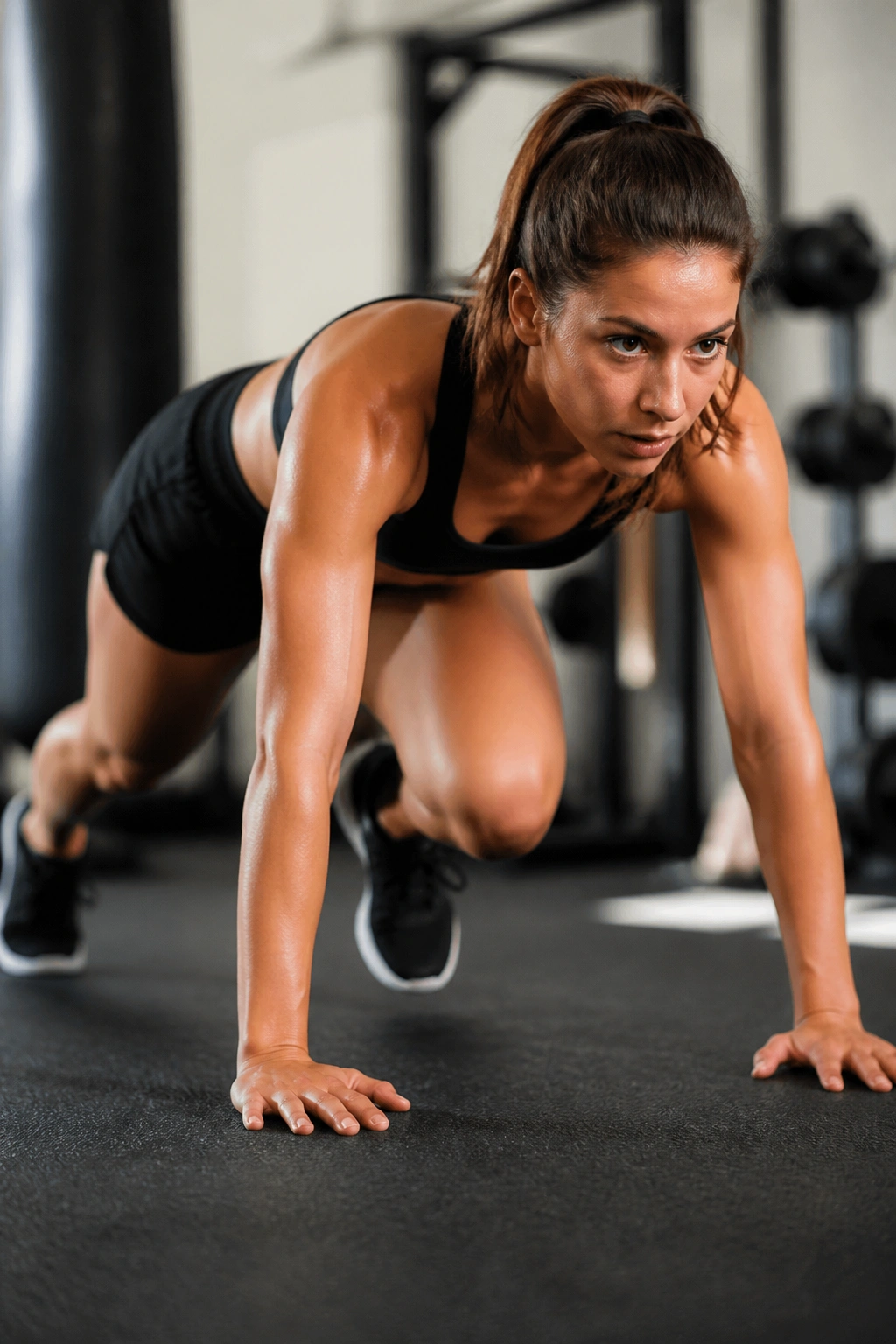 Athlete performing mountain climber during bodyweight integration in gym.