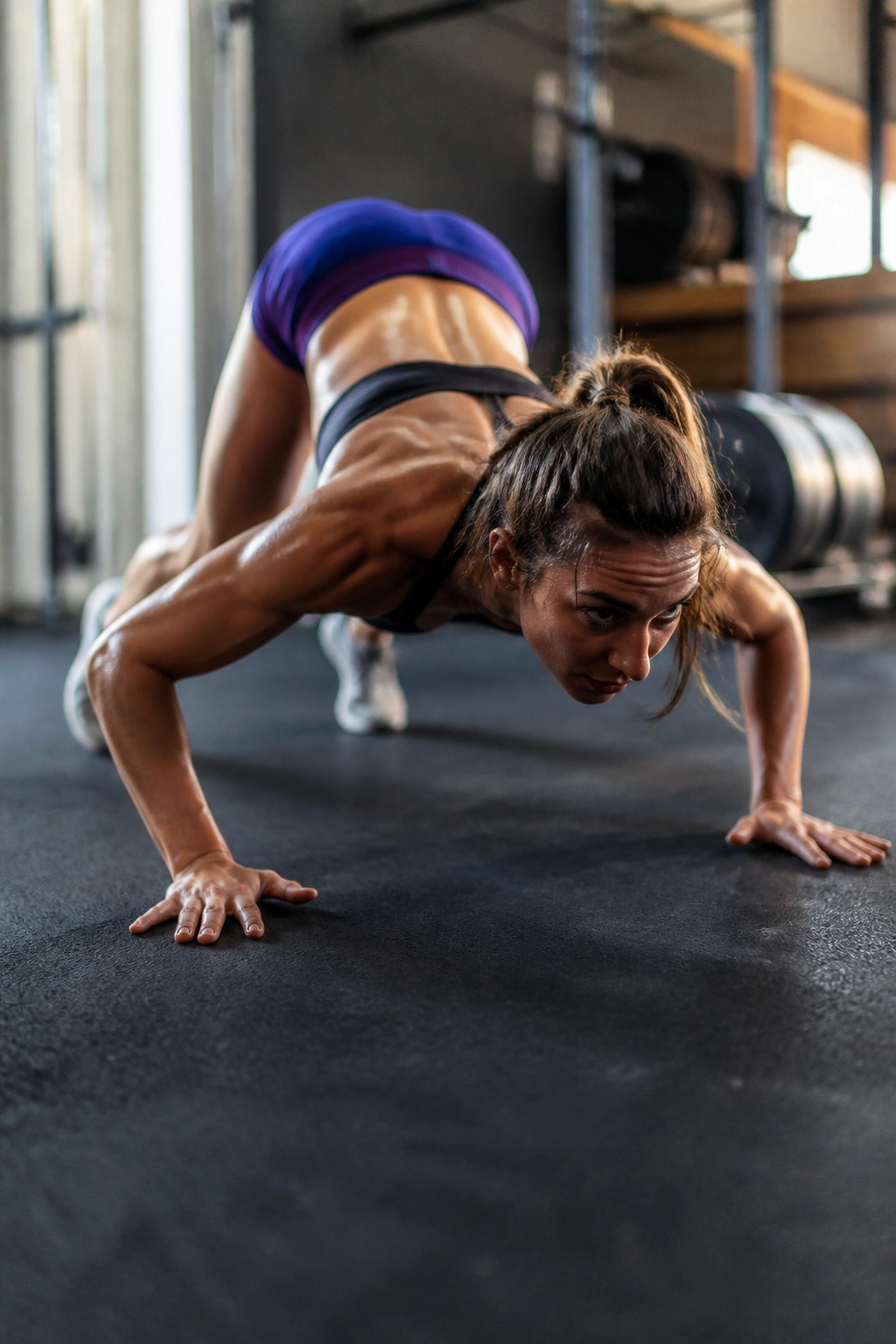 Person performing burpees during an EMOM workout in gym