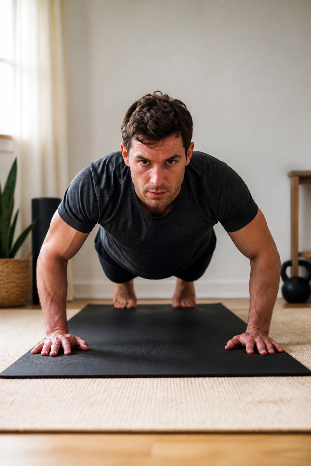 Full-body shot of a person performing a push-up in a home gym.