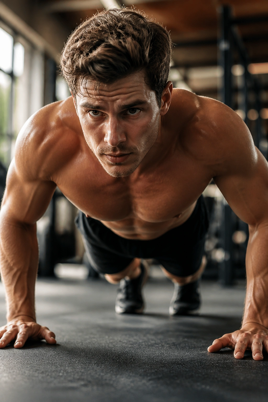 Close-up of a fit person performing a push-up in a gym setting.