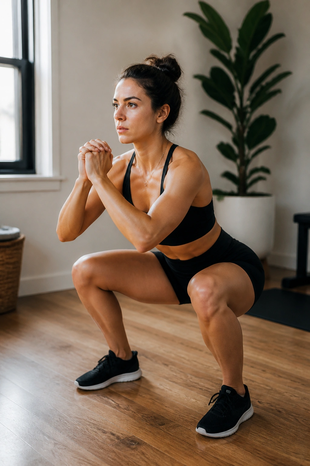 Medium close-up of a fit person performing a bodyweight squat in a bright home gym