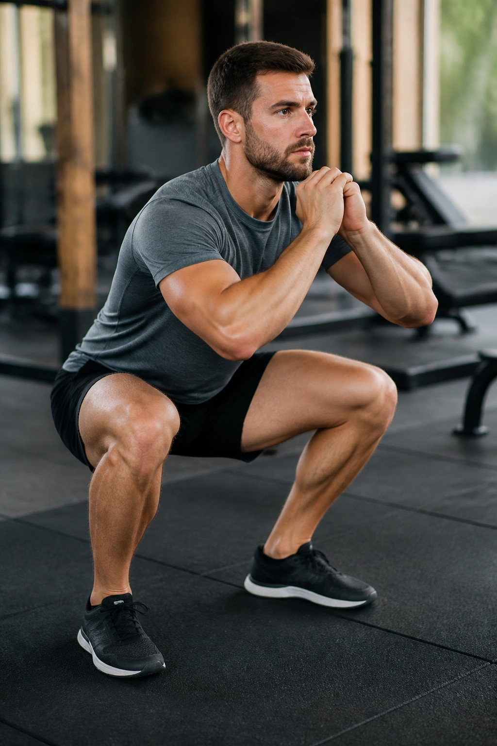 Mid-shot of person performing air squats with good depth in a gym