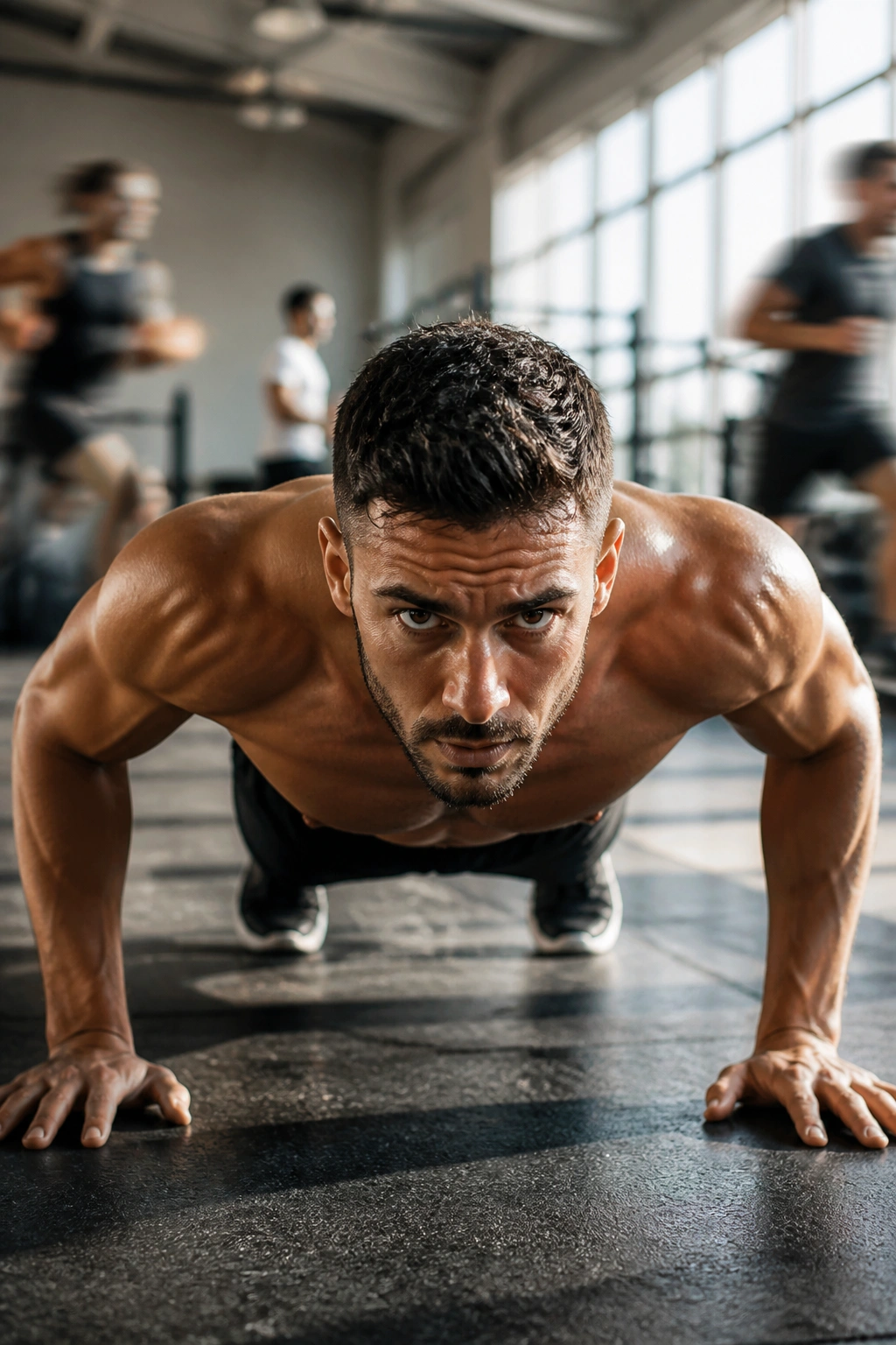 Close-up of a fit person performing a high-energy push-up in a gym