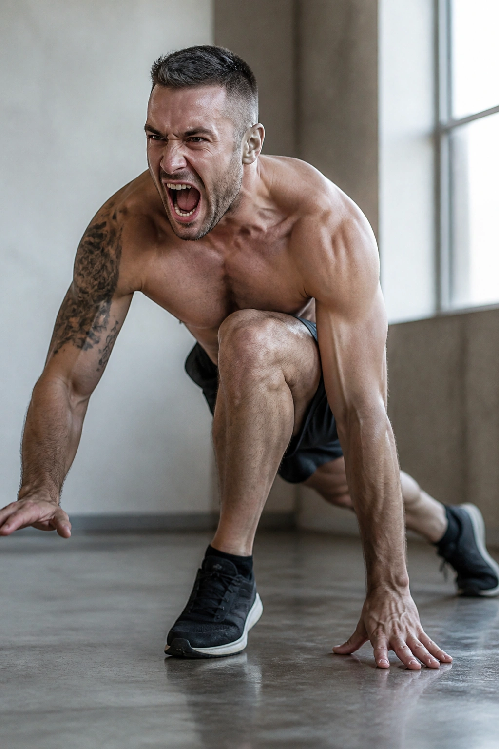 Person performing intense no-equipment bodyweight HIIT exercise