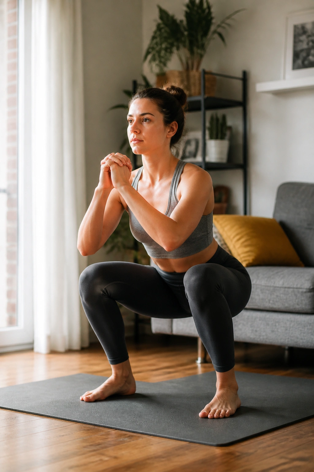 Person performing a simple bodyweight exercise in a living room with warm daylight