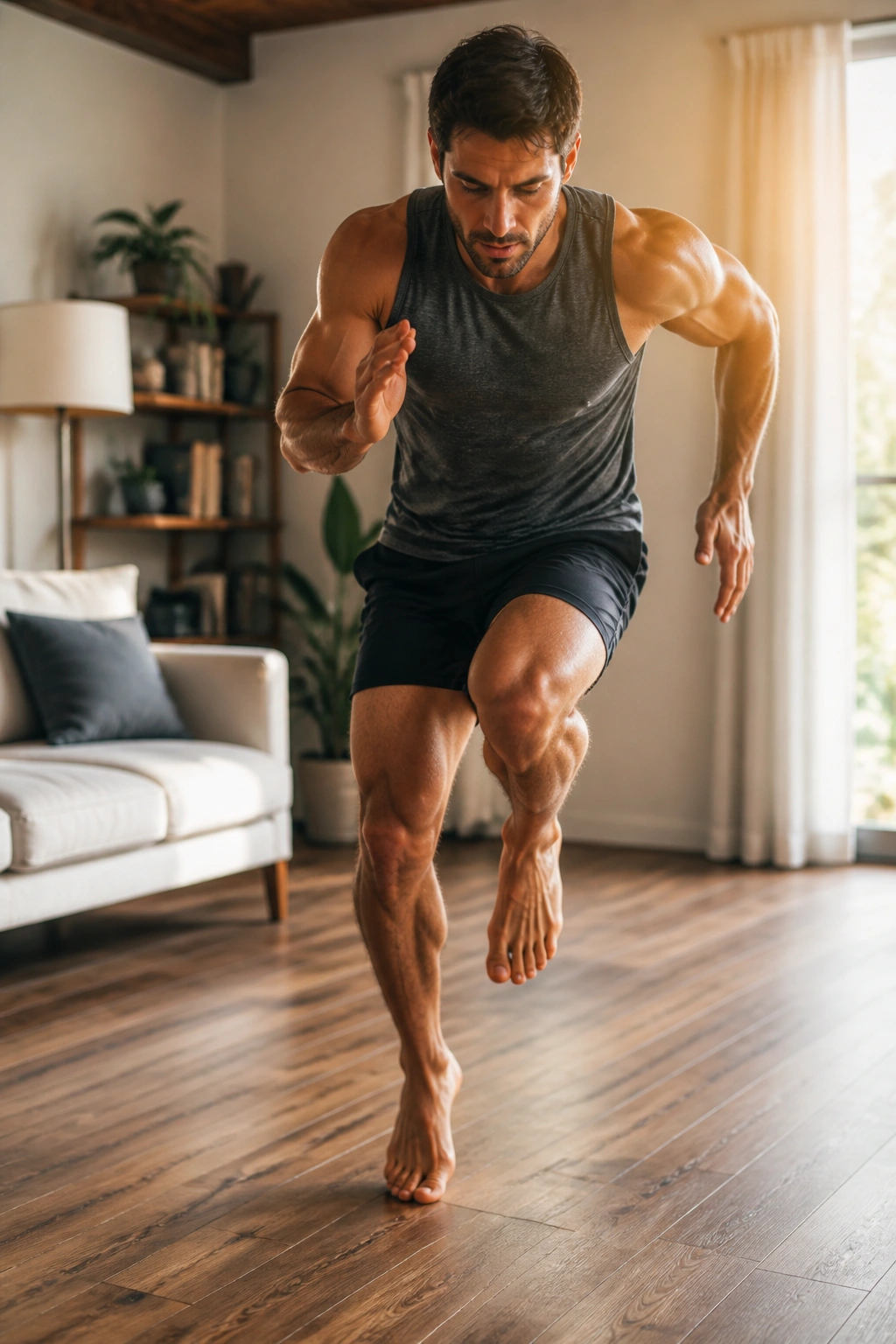 Person performing a no-equipment bodyweight ladder in a small living room