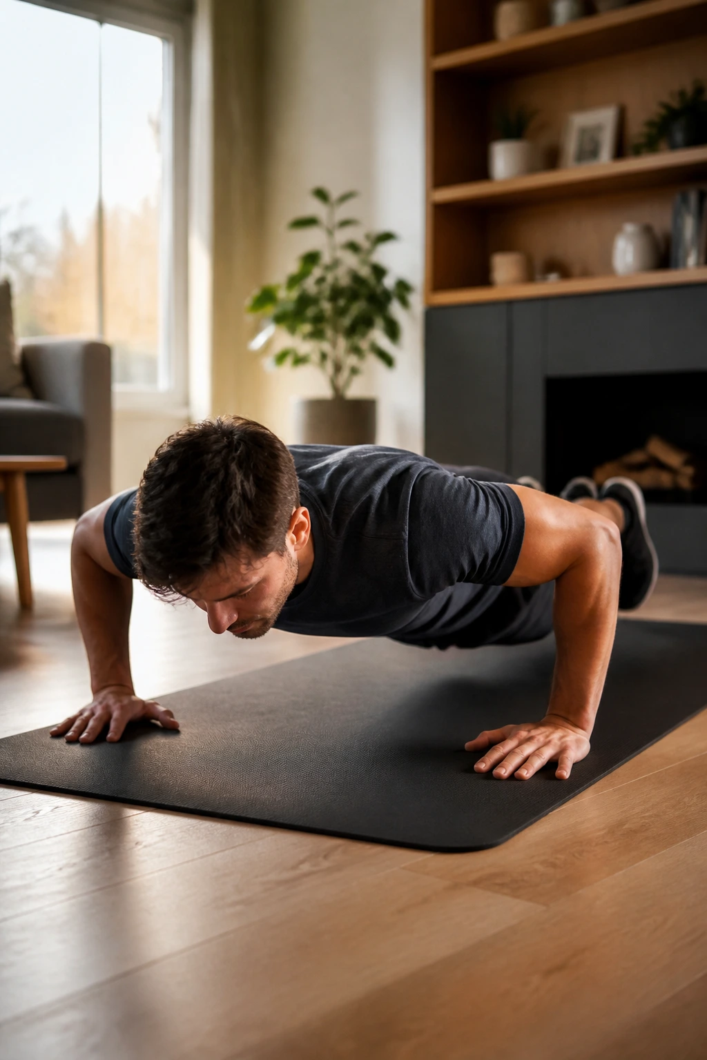 Mid-shot of a person performing a push-up on a mat in a living room