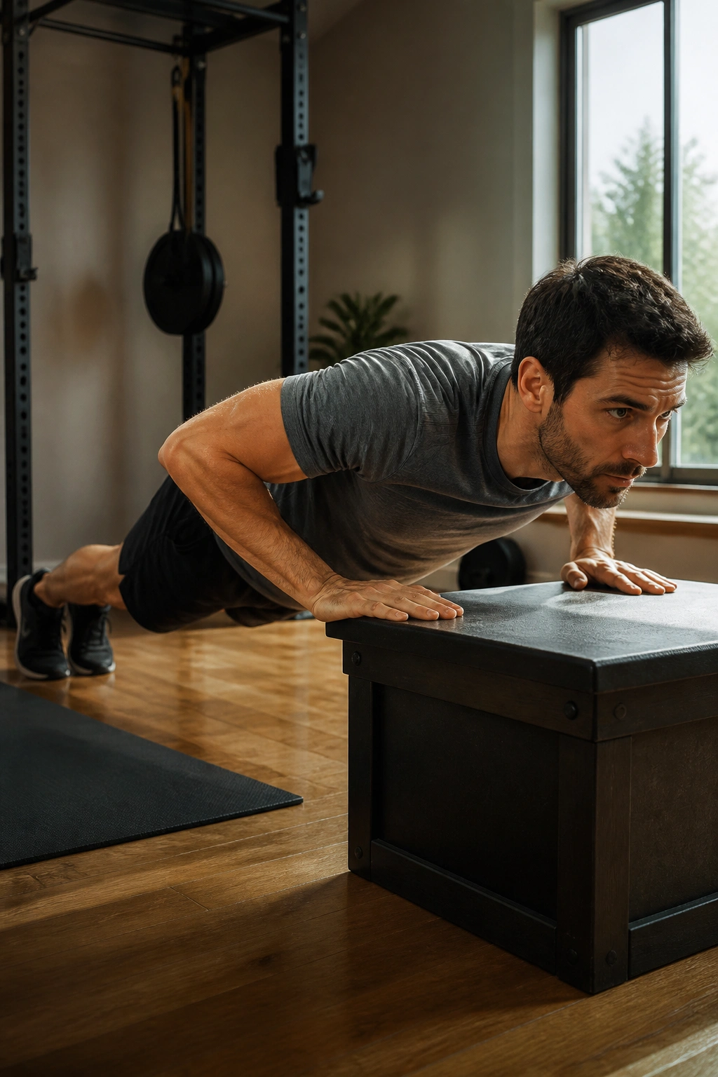 Close-up of a fit person performing elevated push-ups as part of a bodyweight ladder in a home gym