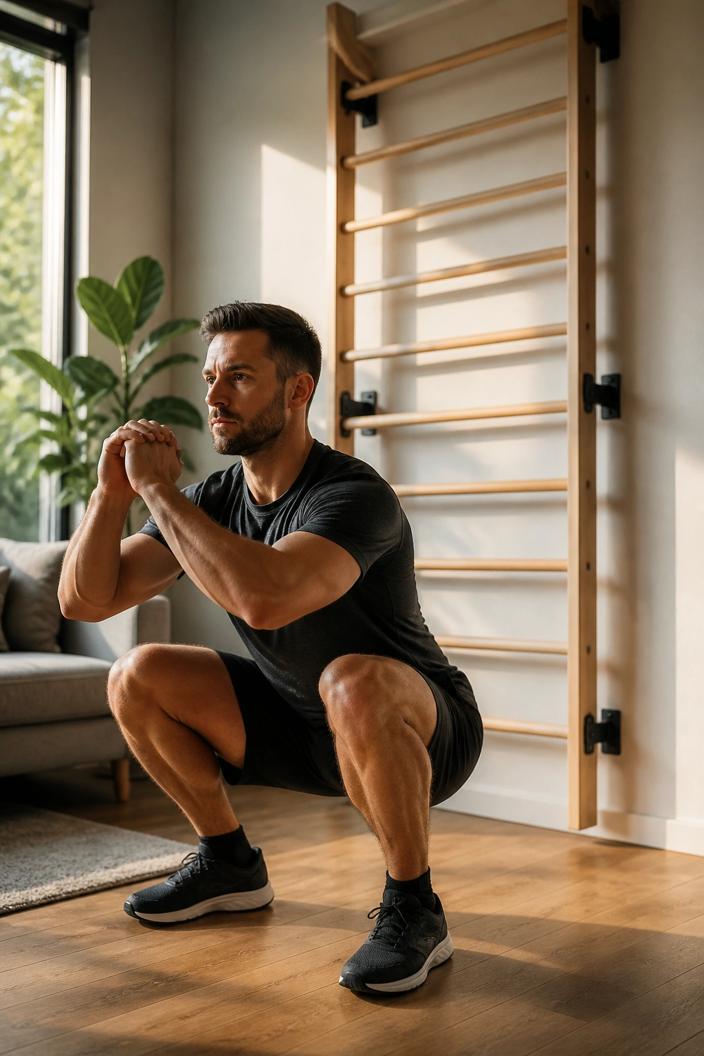 Bodyweight ascending ladder squat in a living room with wall ladder