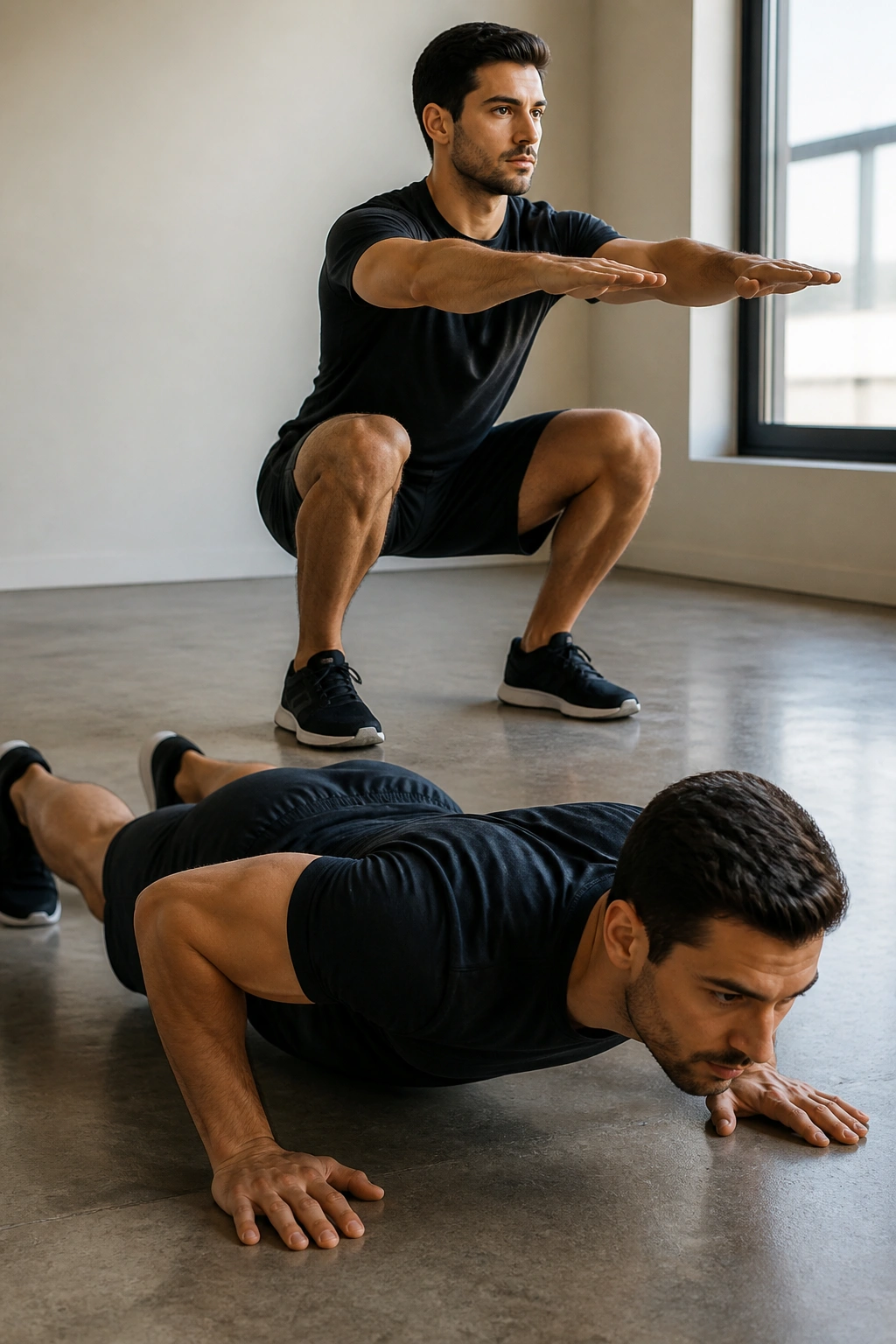Person performing bodyweight exercises in a home setting
