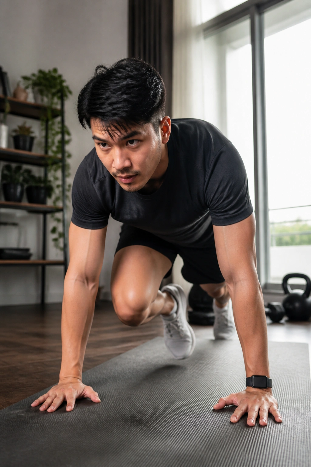 Focused person performing ladder-style bodyweight workout in a home gym