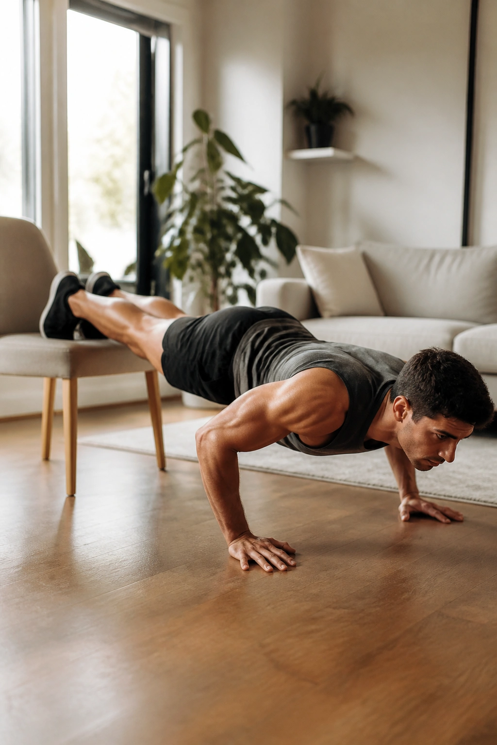 Person doing elevated push-up in living room with natural light.