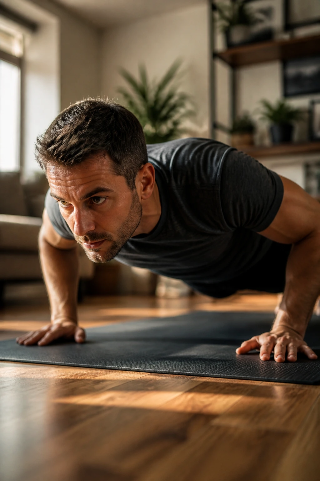 Close-up of a person performing a bodyweight push-up on a mat in a sunlit living room
