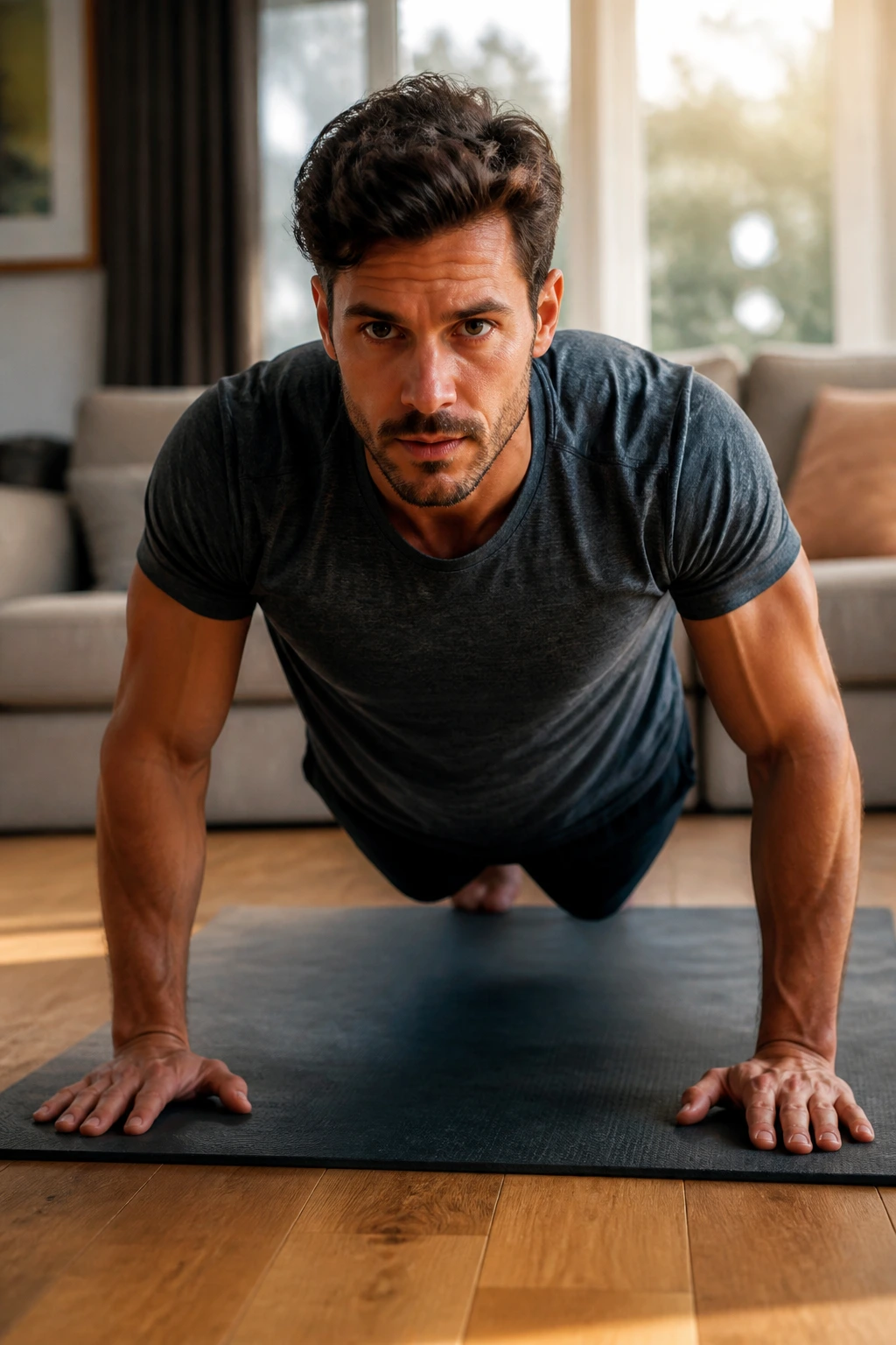 Person performing push-ups on a mat in a living room during a bodyweight pyramid workout