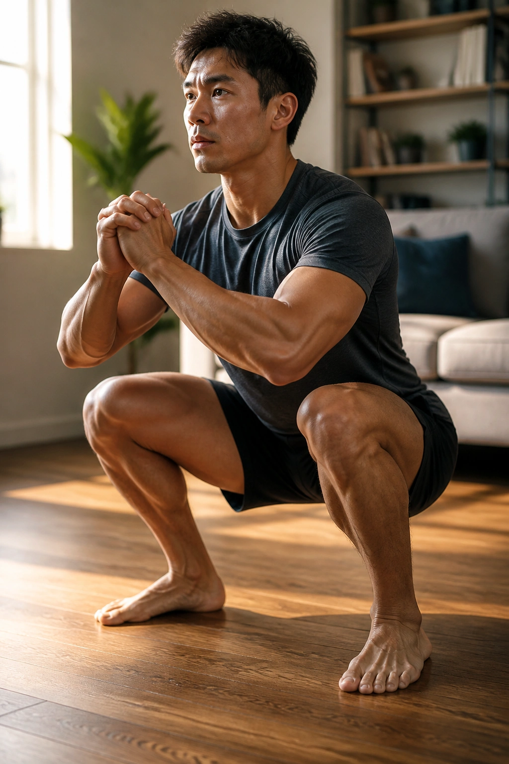 Medium close-up of a person performing a bodyweight squat in a sunlit living room