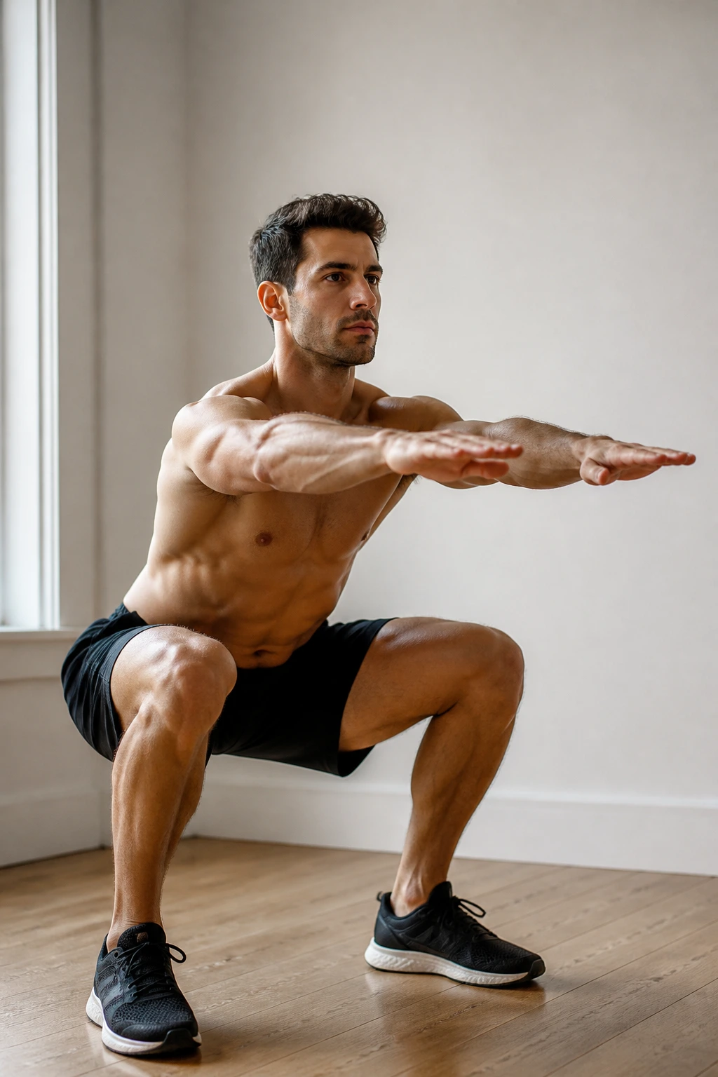 Person performing air squat in a minimalist home gym, bodyweight circuit hero.