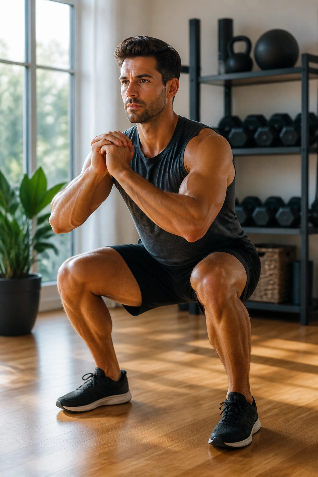 Mid-shot of a person performing a squat in a home gym