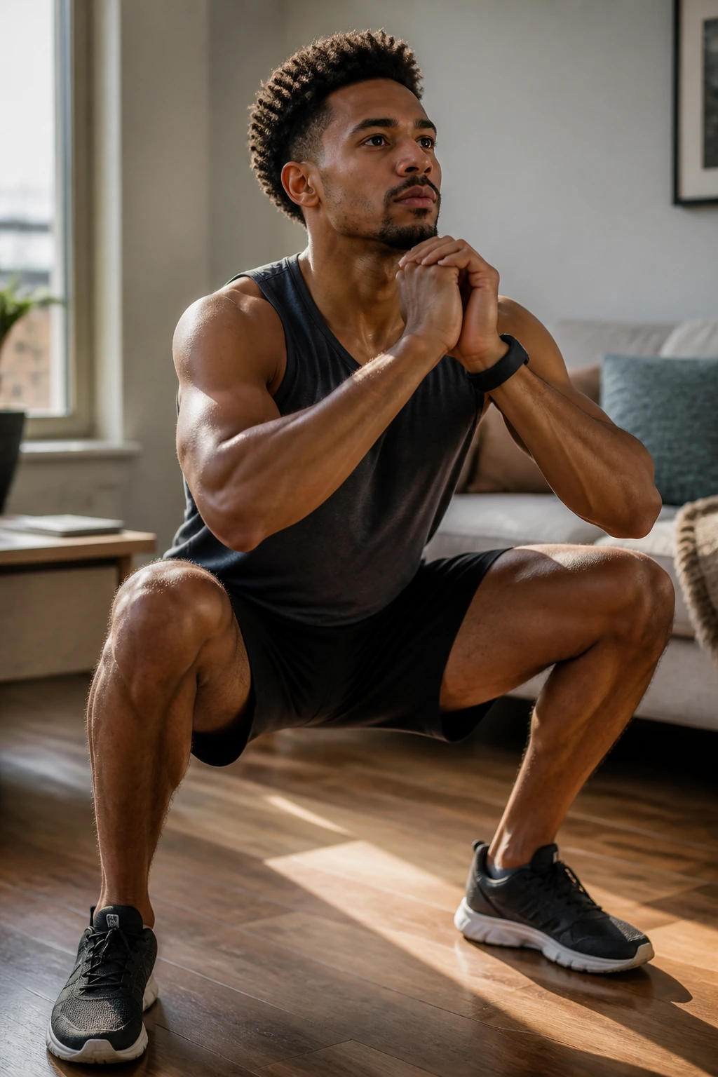 Medium close-up of a person performing a deep air squat in a cozy home living room