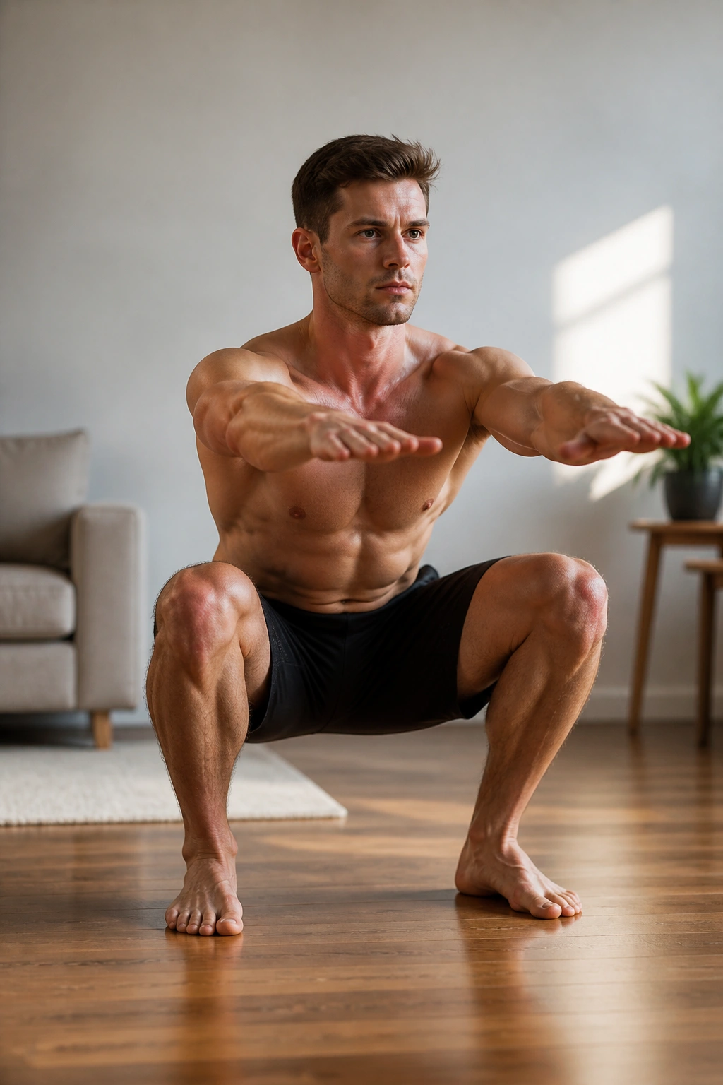 Medium close-up of a person performing a slow bodyweight squat indoors, emphasizing a bodyweight circuit
