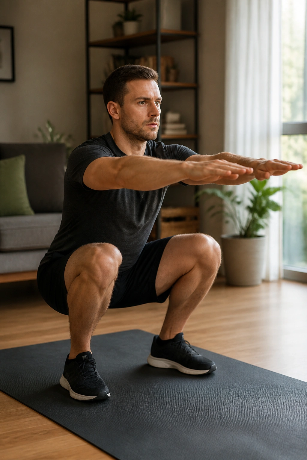 Person performing a deep bodyweight squat at home, full leg bend and upright torso