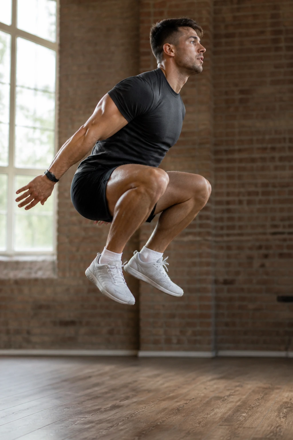 Close-up of athlete mid-air performing a classic bodyweight squat jump in a gym