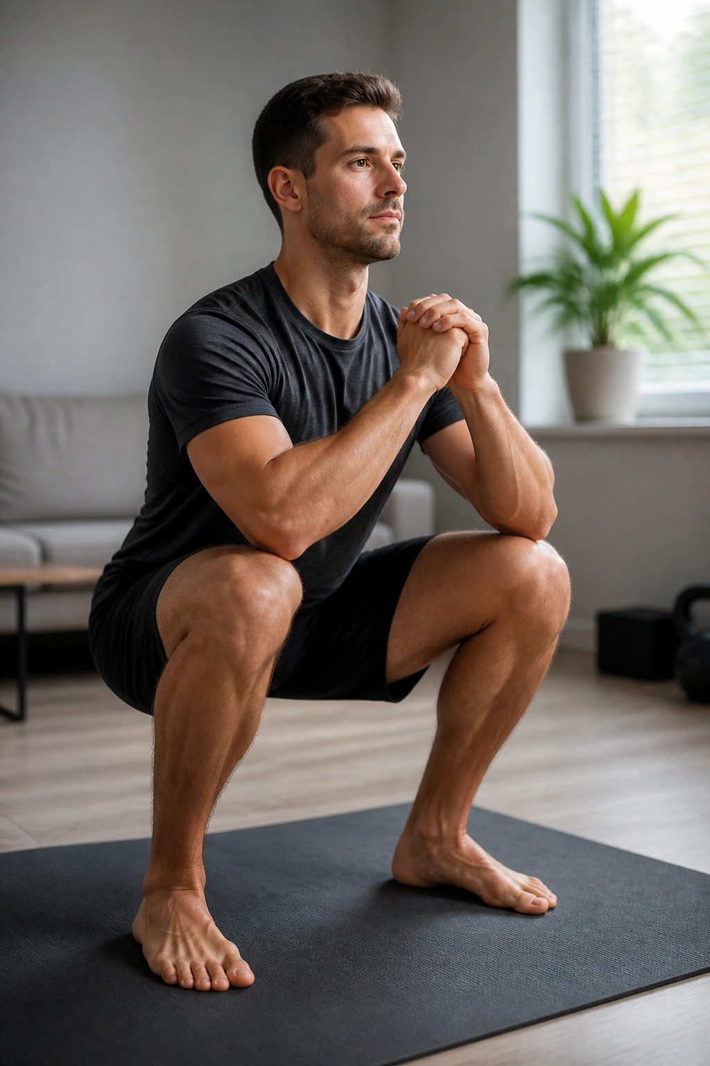 Close-up of a person performing a bodyweight squat on a home gym mat