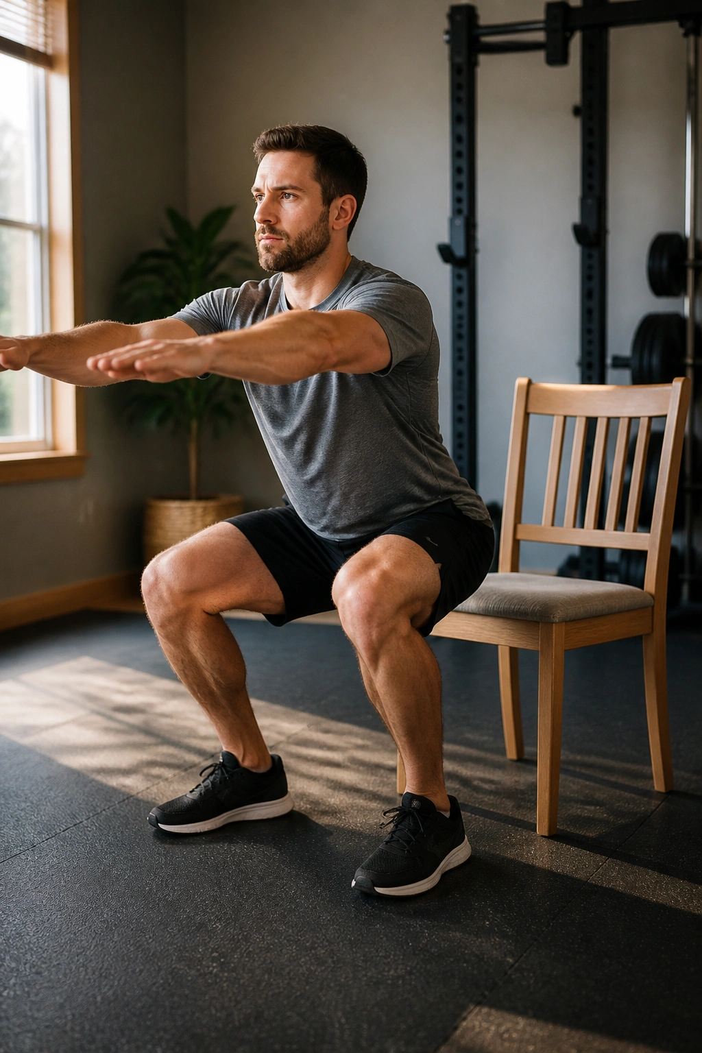 Close-up of a person performing a bodyweight squat with depth cue chair in a home gym