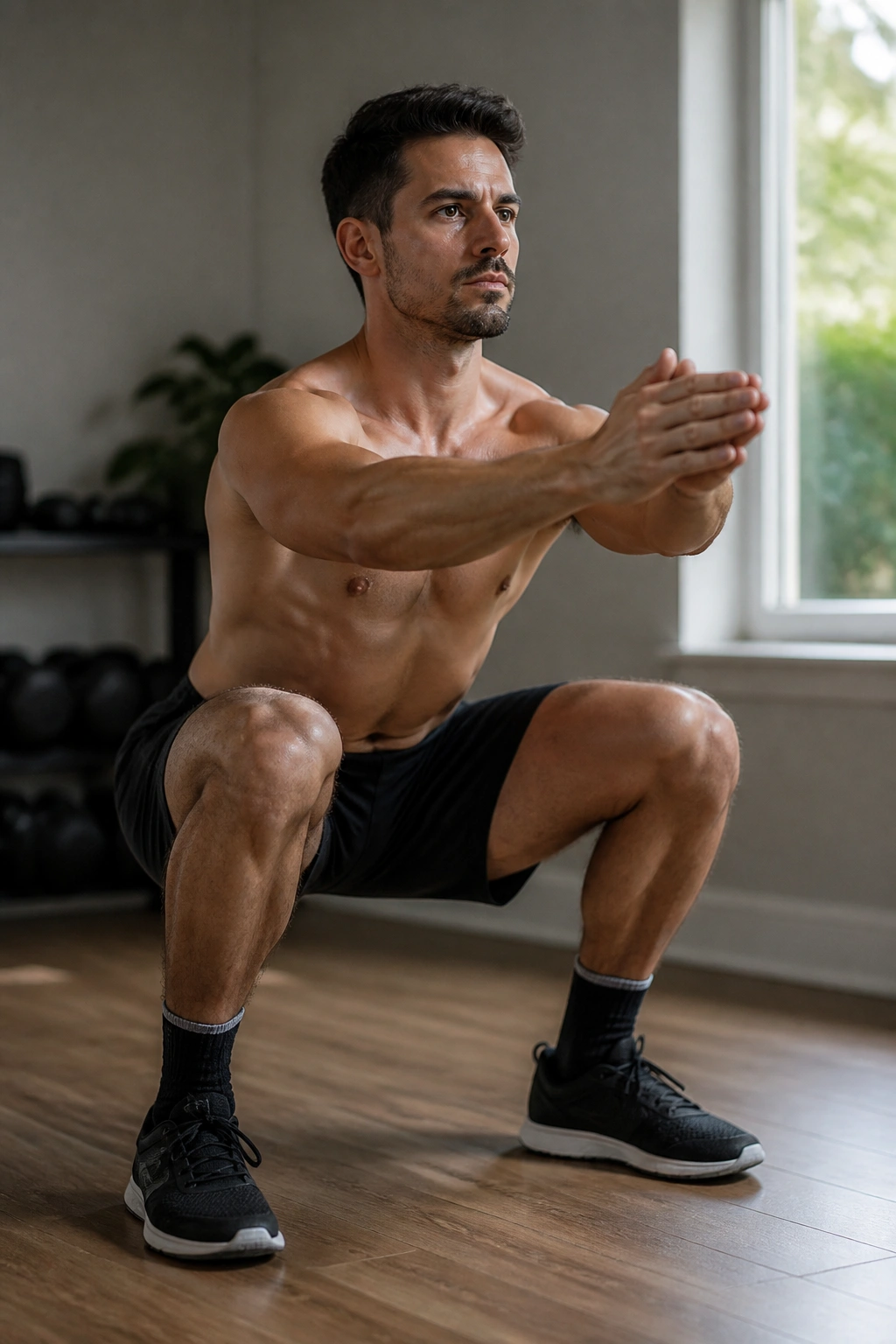 Close-up of a real person performing a controlled bodyweight squat with tempo in a home gym.