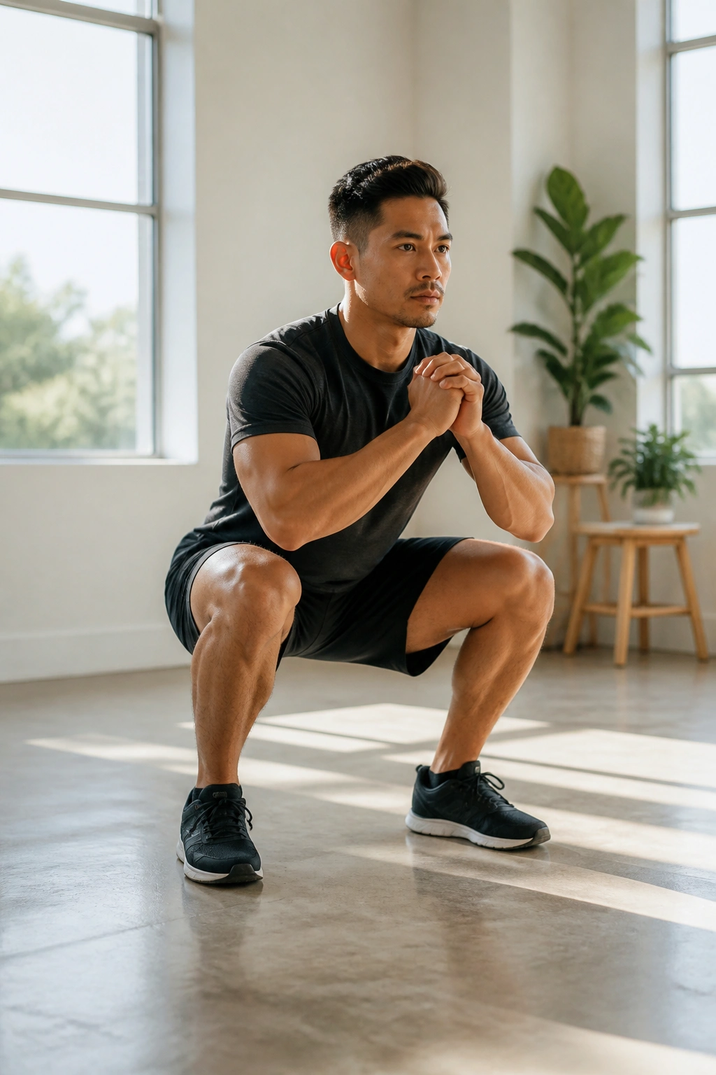 Person performing bodyweight squats in a bright home gym