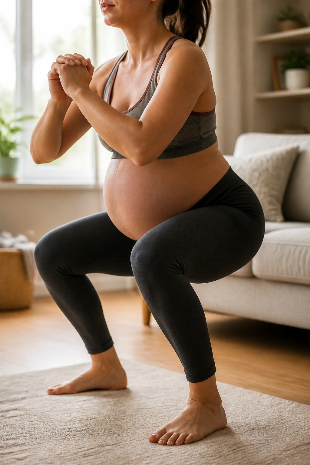 Close-up of pregnant woman performing a bodyweight squat in a cozy living room.