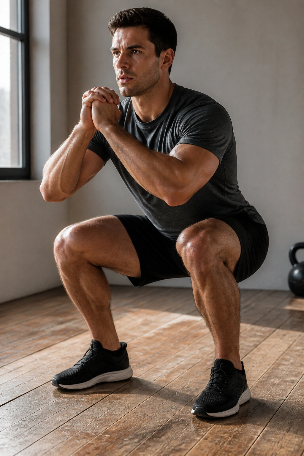 Close-up of a person performing air squats in a gym corner for Tabata training.