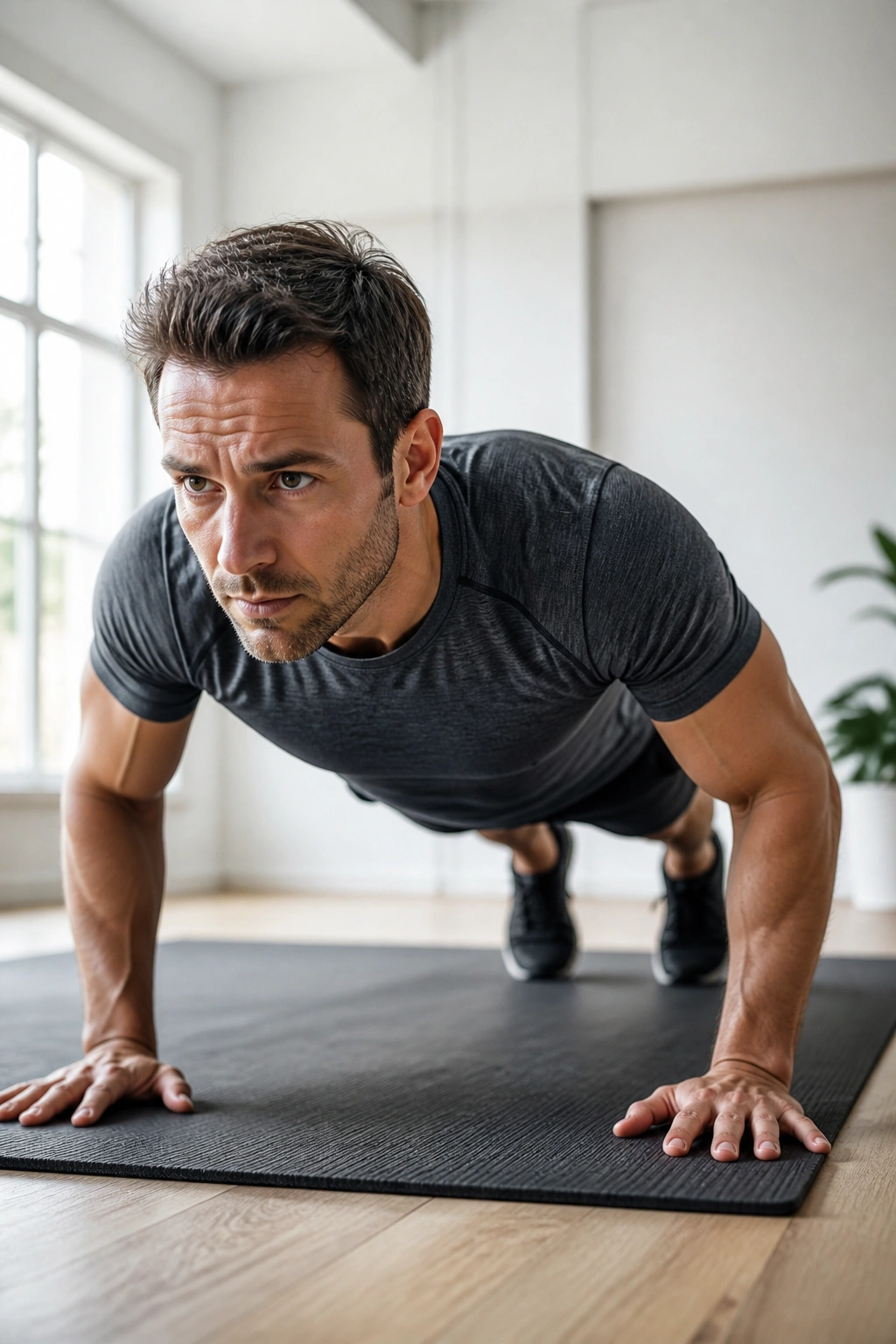 Person performing a push-up in a bright home gym as part of a bodyweight circuit
