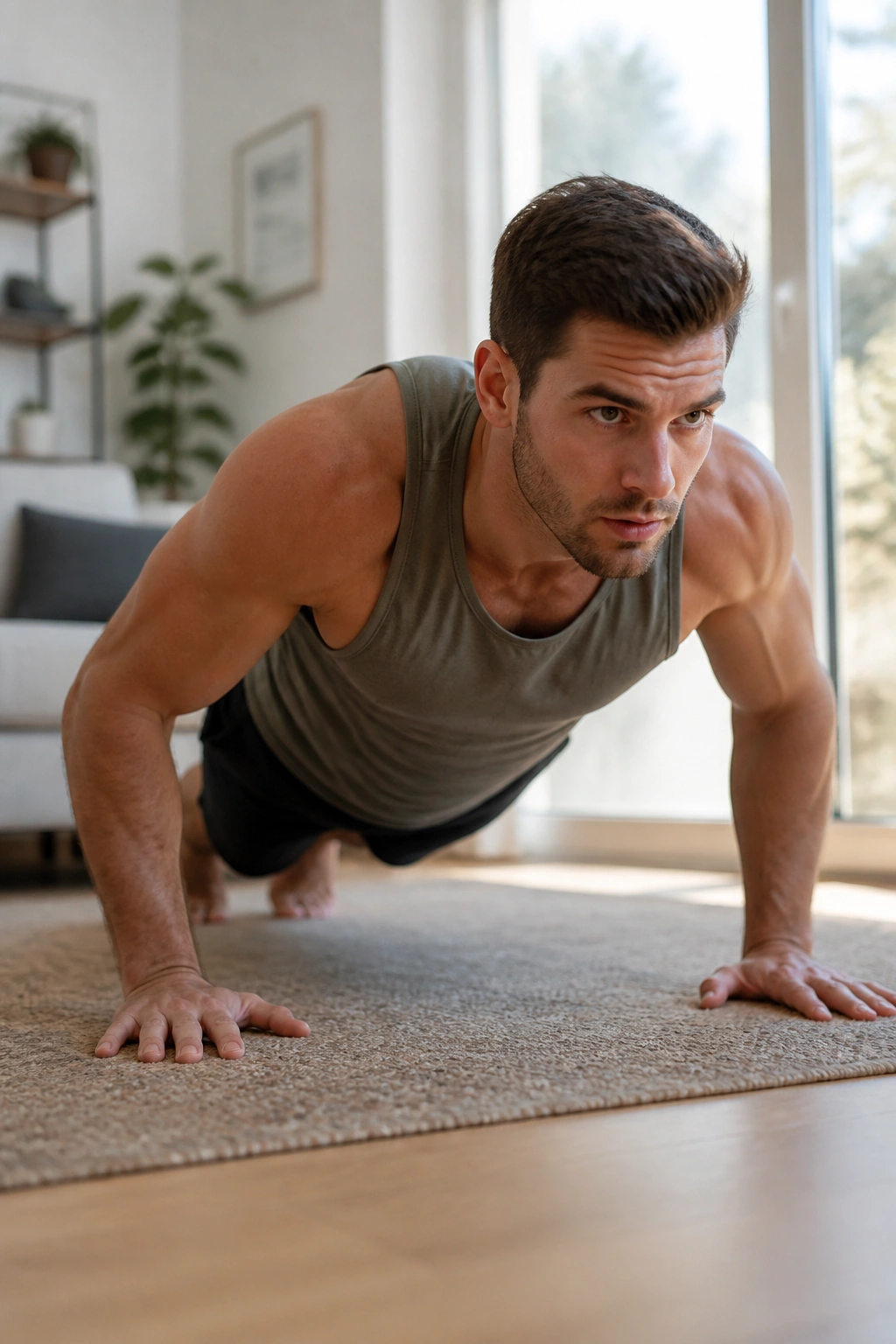 Real person performing a controlled push-up in a bright living room for Bodyweight Strength Challenge