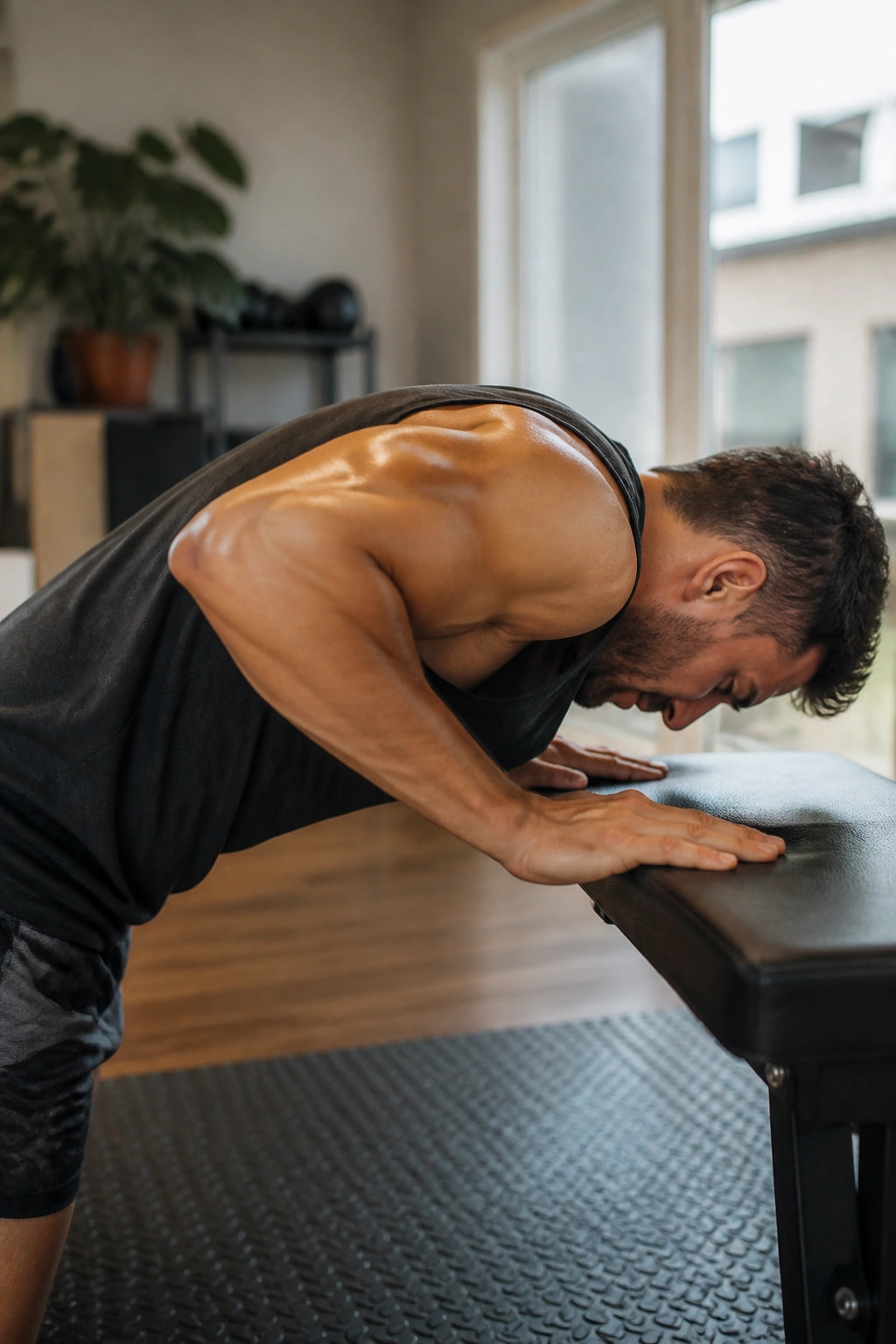 Real person performing bodyweight triceps extension with hands on bench
