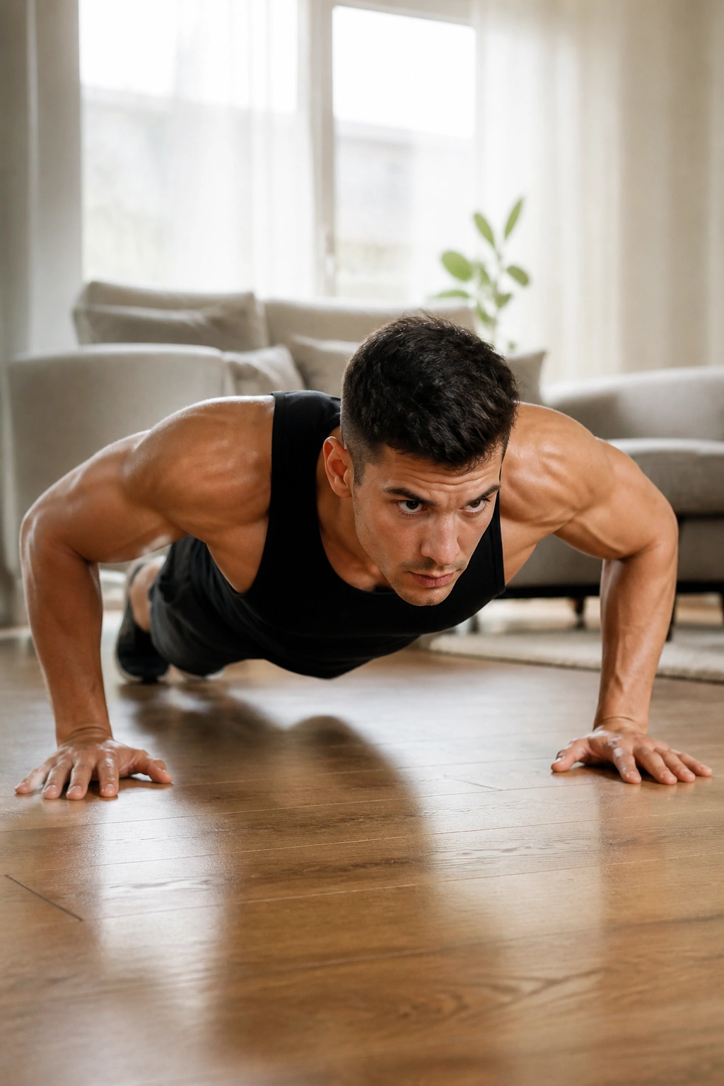Close-up of a person performing a push-up in a bright living room with no equipment