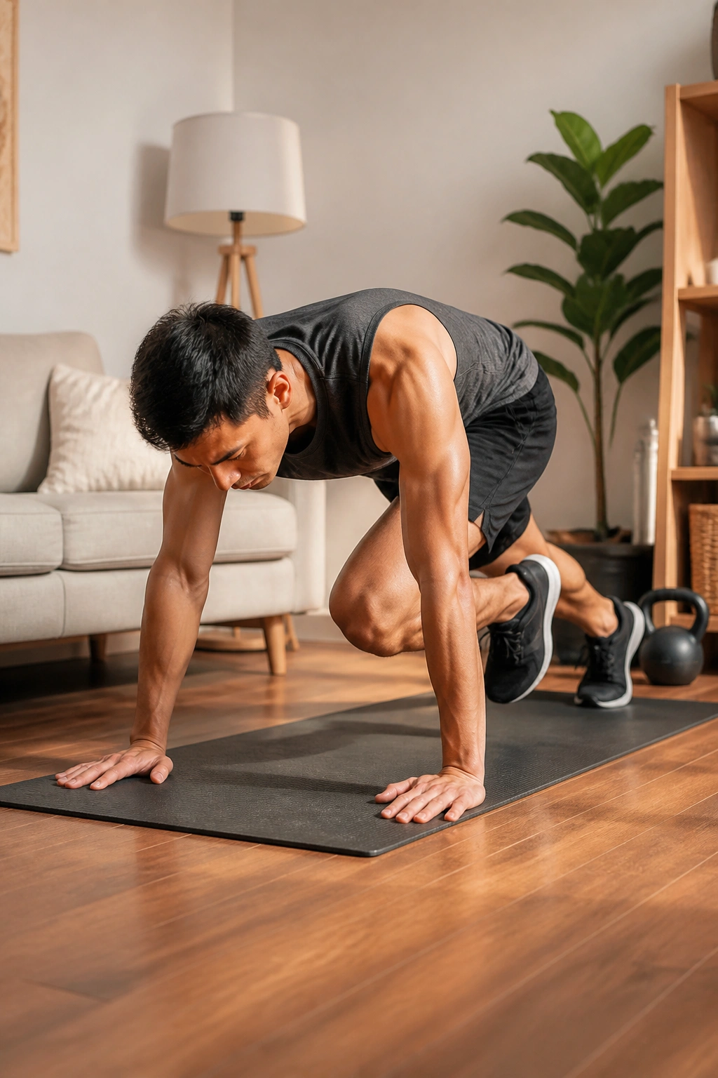 Person doing mountain climbers in a small home gym