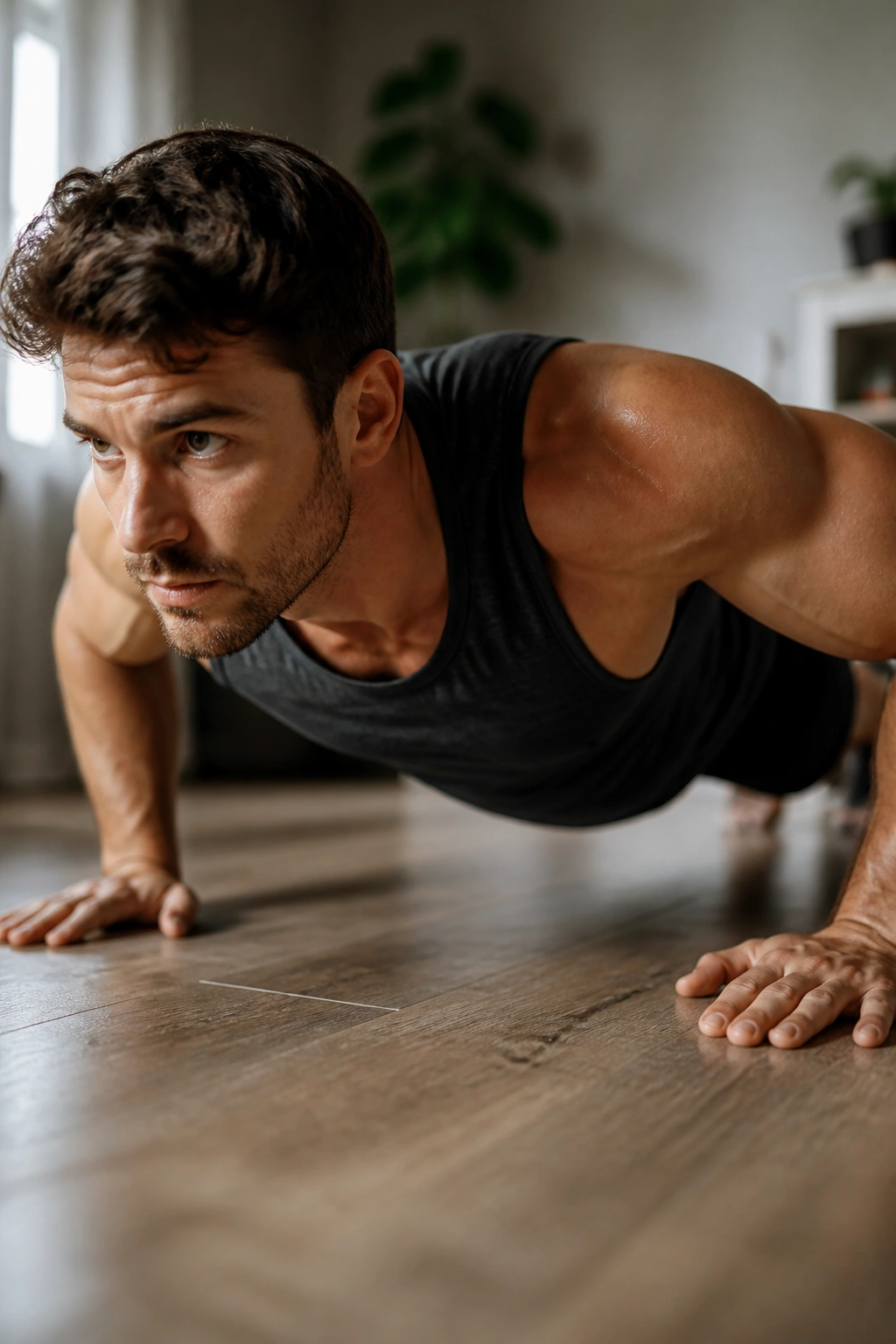 Person performing a push-up during a no-equipment bodyweight workout