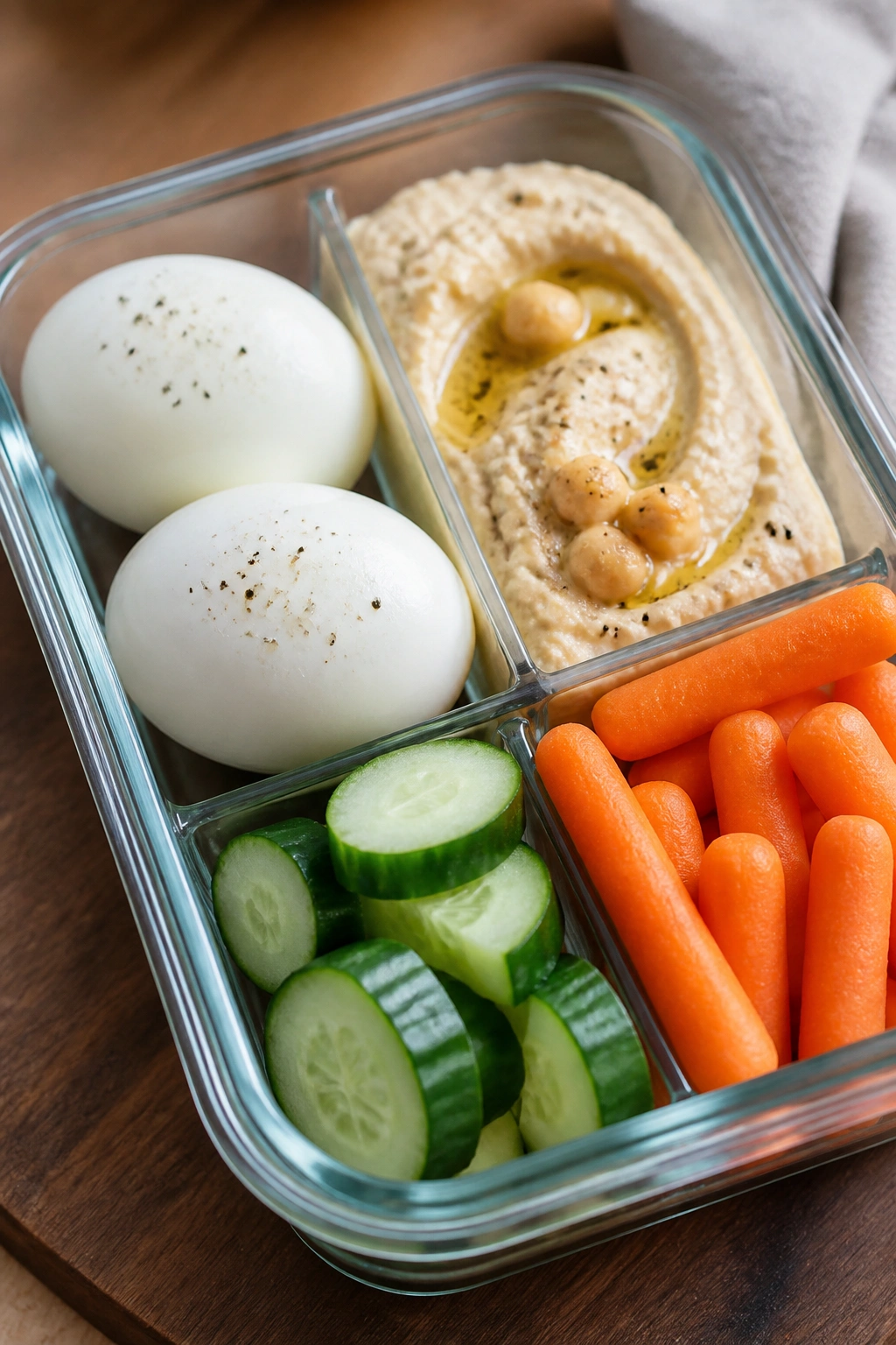 Snack box with eggs, hummus, cucumber, and carrots