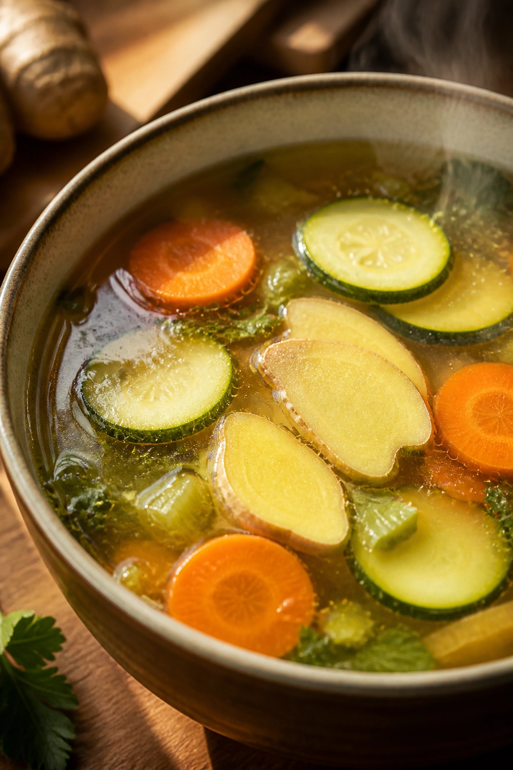 Steaming bone broth with ginger and vegetables in a bowl