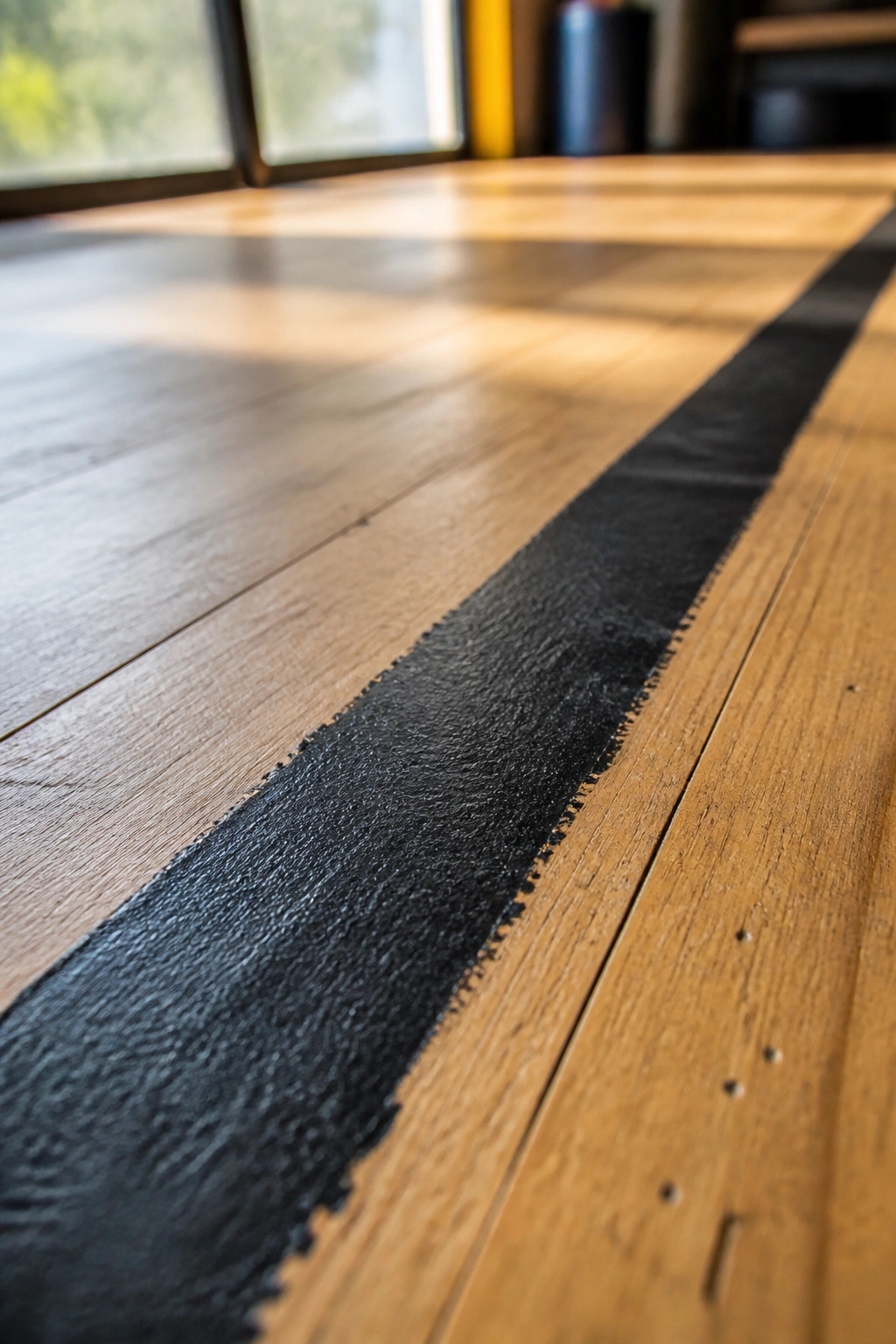 Close-up of a thick line on a wooden floor representing the bottom line