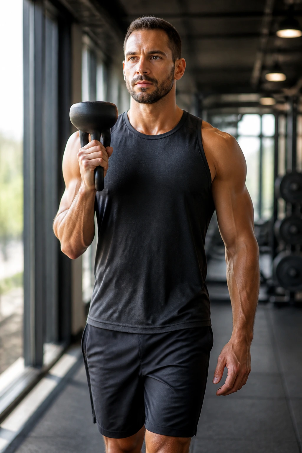 Close-up of a real athlete performing a bottoms-up kettlebell carry in a gym setting