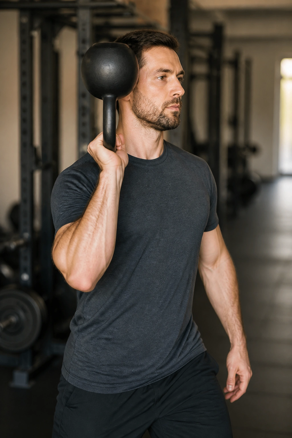Close-up of a person carrying a bottoms-up kettlebell in inverted position in a rack hold.