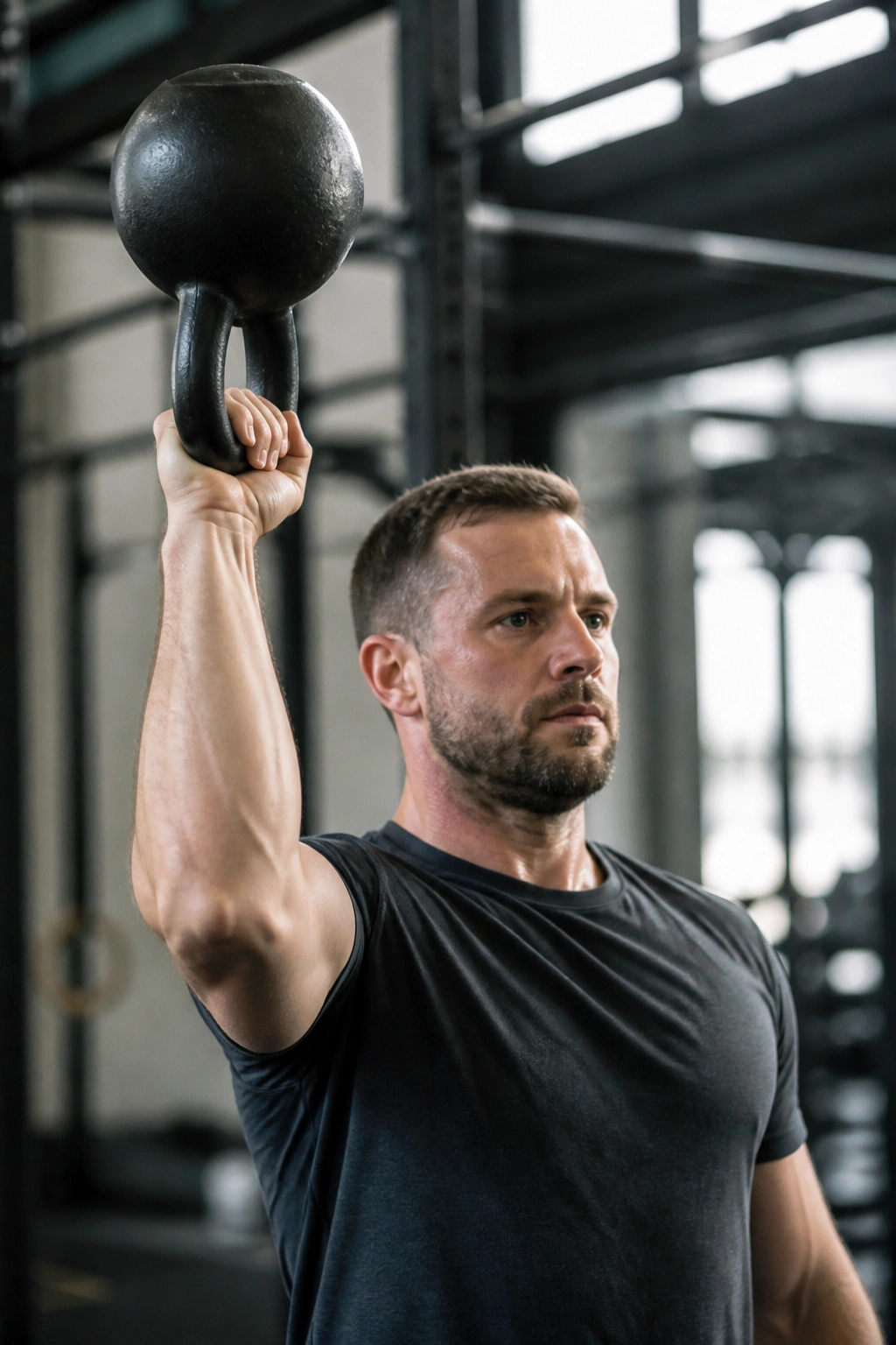 Bottoms-Up kettlebell carry grip on inverted bell, real person in gym