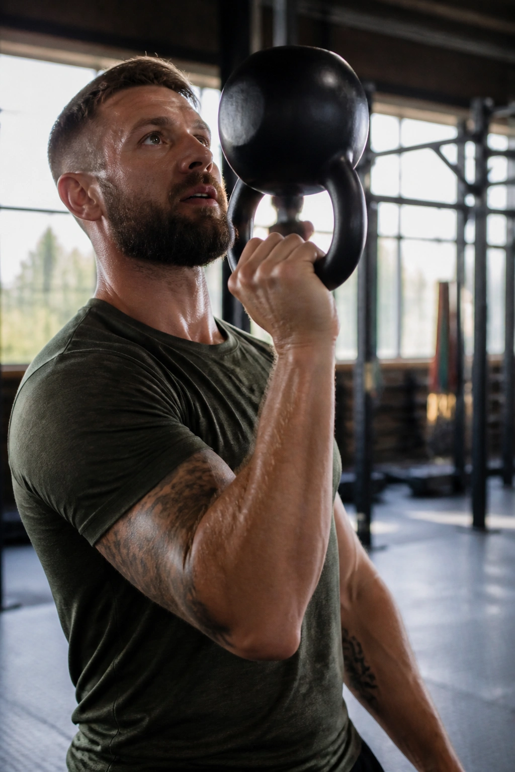 Close-up of lifter performing bottoms-up kettlebell clean and press.